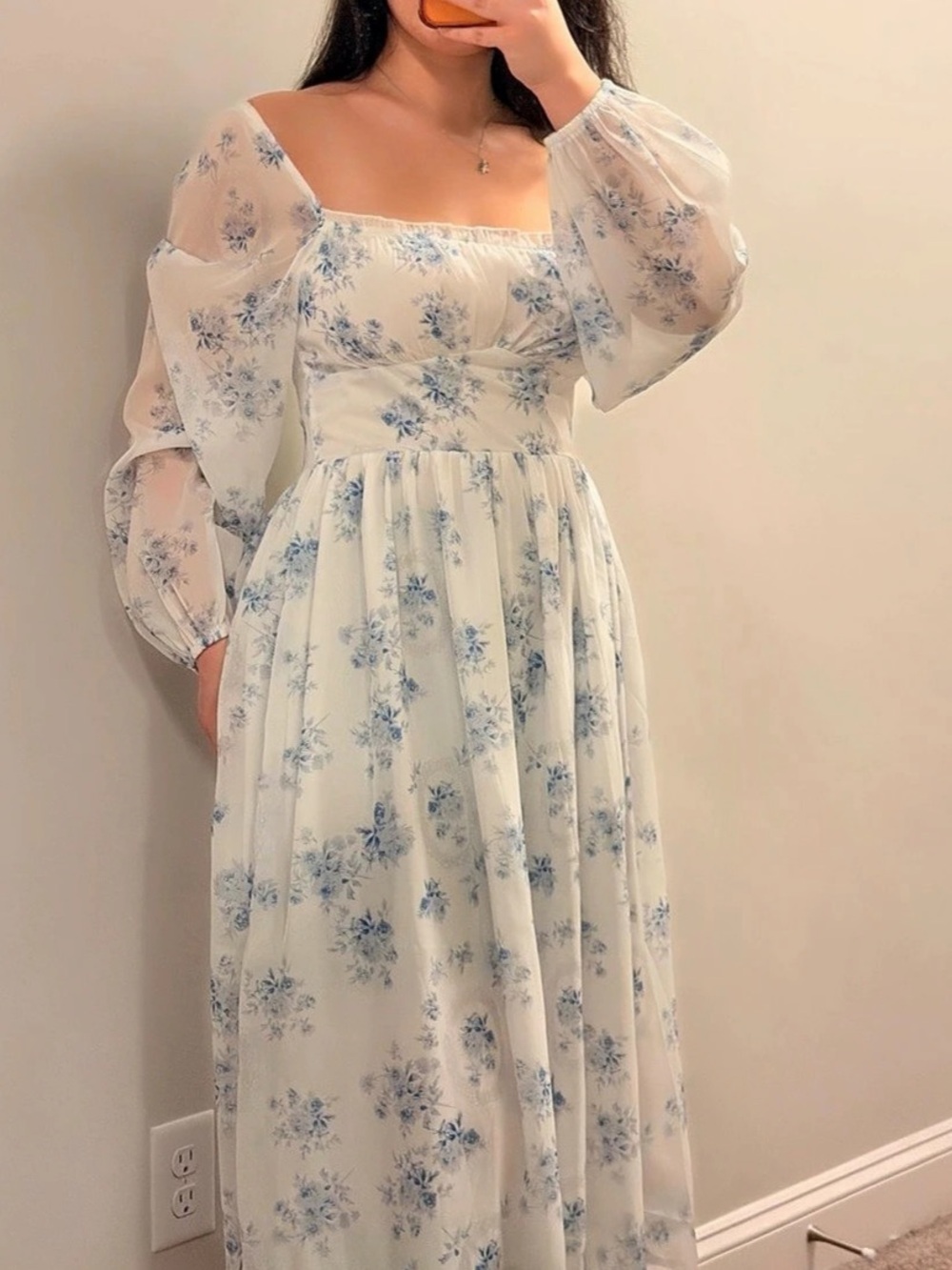 Floral Square Neck Midi Dress in White & Blue Like New